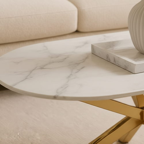 Table Basse Manon Gold et Céramique Marbre Blanc 120x60 Cm