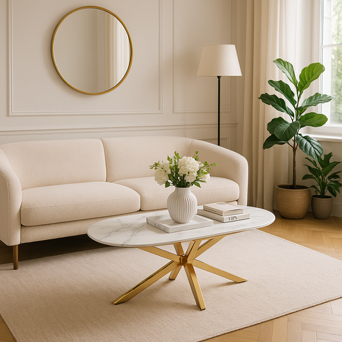 Table Basse Manon Gold et Céramique Marbre Blanc 120x60 Cm