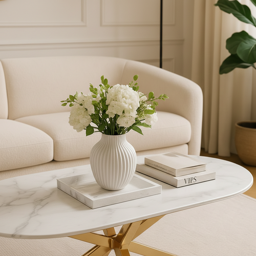 Table Basse Manon Gold et Céramique Marbre Blanc 120x60 Cm