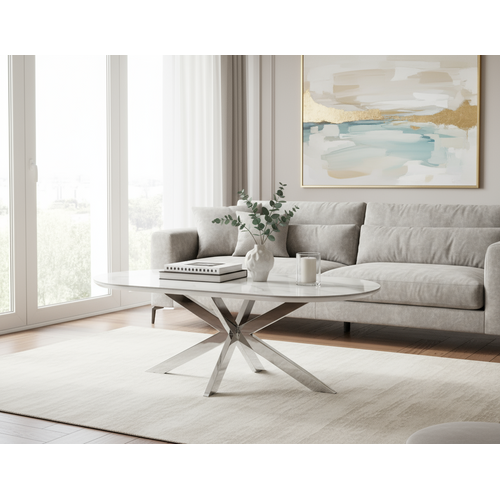 Table Basse Manon Chrome et Céramique Marbre Blanc 120x60 Cm