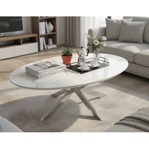 Table Basse Manon Chrome et Céramique Marbre Blanc 120x60 Cm