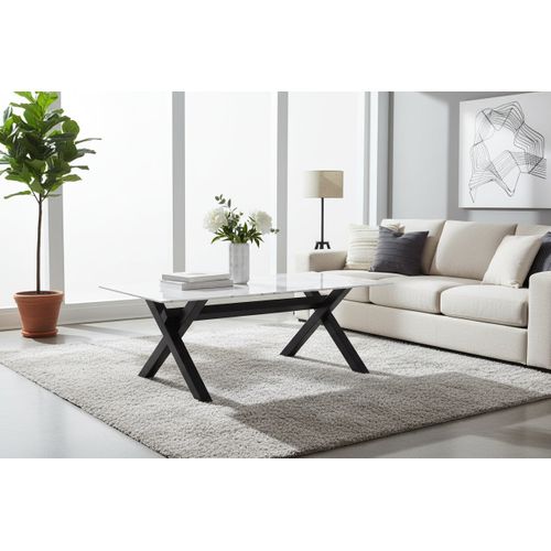 Table Basse Ixe Métal Chrome Plateau Verre Trempé Marbré Blanc 120x60x45cm