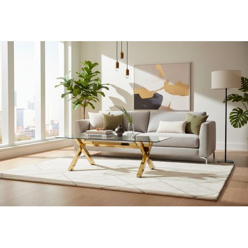 Table Basse Ixe Métal Gold Plateau Verre Trempé Transparent 120x60x45cm