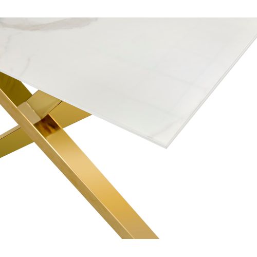 Table Basse Ixe Métal Gold Plateau Verre Trempé Marbré Blanc 120x60x45cm