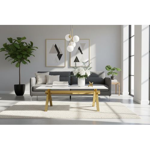 Table Basse Ixe Métal Gold Plateau Verre Trempé Marbré Blanc 120x60x45cm