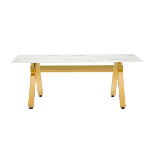 Table Basse Ixe Métal Gold Plateau Verre Trempé Marbré Blanc 120x60x45cm