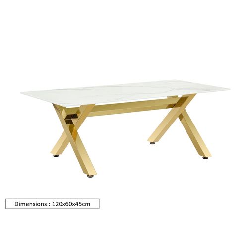 Table Basse Ixe Métal Gold Plateau Verre Trempé Marbré Blanc 120x60x45cm