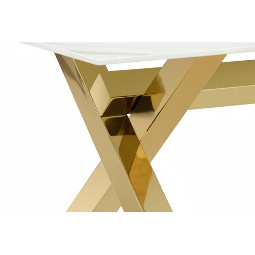 Table Basse Ixe Métal Gold Plateau Verre Trempé Marbré Blanc 120x60x45cm