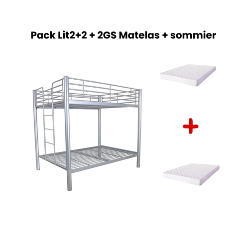 Pack Lit Superposé En Métal Gris + Matelas Compris 4 Places 2+2 Colosse 140x190 Cm Sommier Inclus