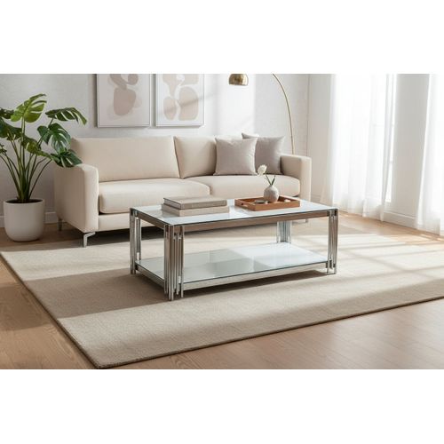 Table Basse Flute Chrome Et Plateau En Verre 120x60x45 Cm - Blanc