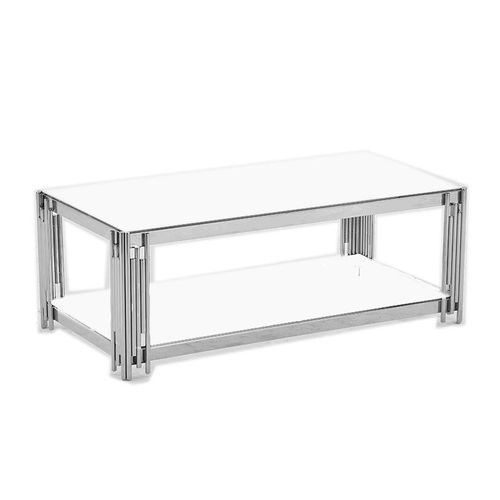 Table Basse Flute Chrome Et Plateau En Verre 120x60x45 Cm - Blanc