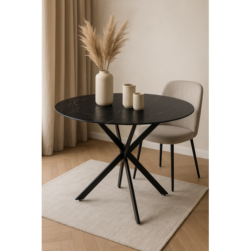 Table à Manger Ronde Marbre Noir Jessica Métal Noir XXL 120 Cm 4 Couverts