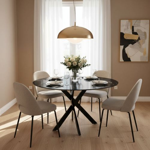 Table à Manger Ronde Marbre Noir Jessica Métal Noir 100 Cm 4 Couverts