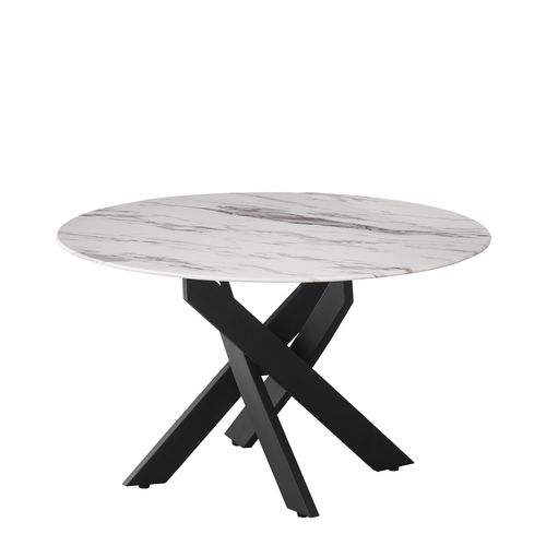 Table Basse Ronde Jessy Pieds Métal Noir Et Plateau En Verre 80 Cm - Marbré Blanc