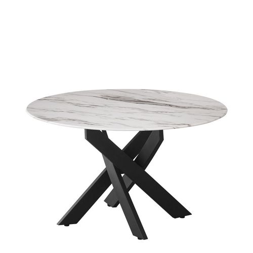 Table Basse Ronde Jessy Pieds Métal Noir Et Plateau En Verre 80 Cm - Marbré Blanc