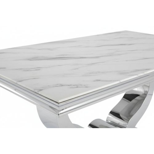 Table à Manger Verre Marbré Blanc Pied Métal Chrome 150x90 Cm Trofy