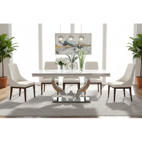 Table à Manger Verre Marbré Blanc Pied Métal Chrome 150x90 Cm Trofy