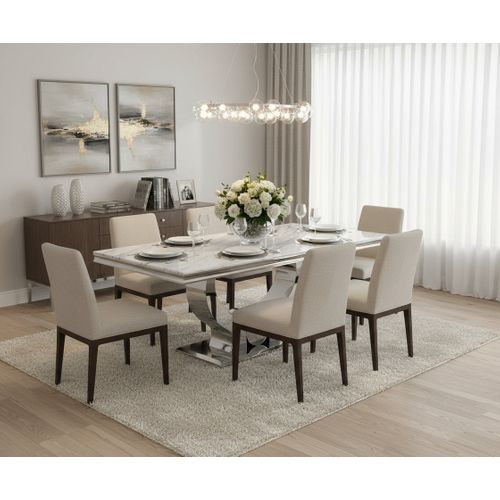 Table à Manger Verre Marbré Blanc Pied Métal Chrome 150x90 Cm Trofy