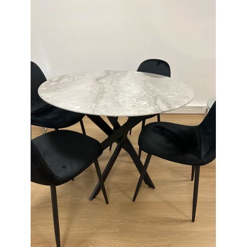 Table à Manger Ronde Jessica En Marbre Blanc Pieds Métal Noir 100 Cm 4 Couverts