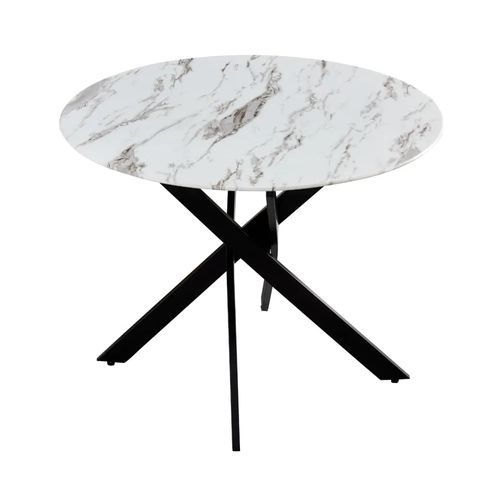 Table à Manger Ronde Jessica En Marbre Blanc Pieds Métal Noir 100 Cm 4 Couverts