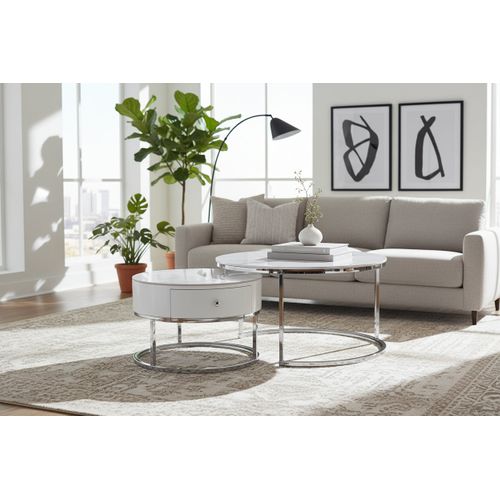 Lot 2 Tables Basses Gigognes Novela Avec Tiroir Céramique Marbre Blanc Métal Chrome D80/d60x45/40cm