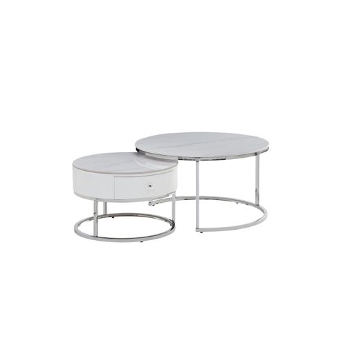Lot 2 Tables Basses Gigognes Novela Avec Tiroir Céramique Marbre Blanc Métal Chrome D80/d60x45/40cm