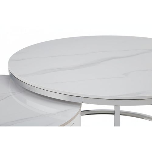 Lot 2 Tables Basses Gigognes Novela Avec Tiroir Céramique Marbre Blanc Métal Chrome D80/d60x45/40cm