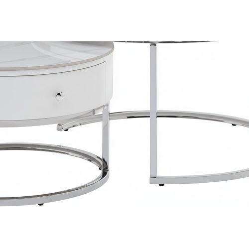 Lot 2 Tables Basses Gigognes Novela Avec Tiroir Céramique Marbre Blanc Métal Chrome D80/d60x45/40cm