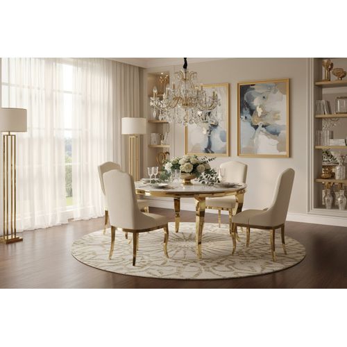 Table à Manger Ronde Baroque Gold 130x75cm - Plateau Marbré Blanc