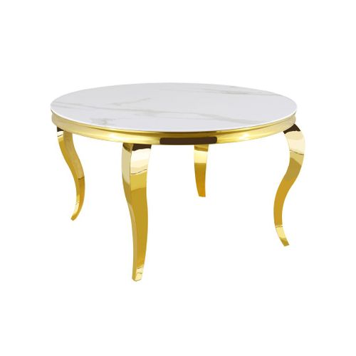 Table à Manger Ronde Baroque Gold 130x75cm - Plateau Marbré Blanc