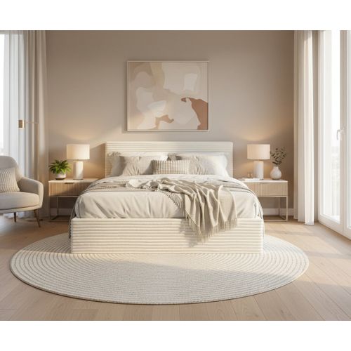 Lit Coffre Maia 160x200cm Velours Côtelé Écru Avec Sommier