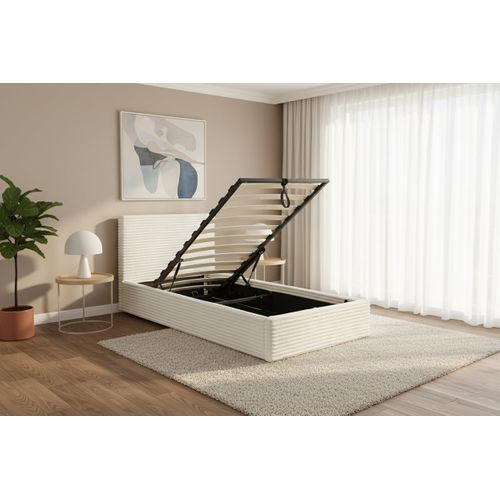 Lit Coffre Maia 90x190cm Velours Côtelé Écru Avec Sommier