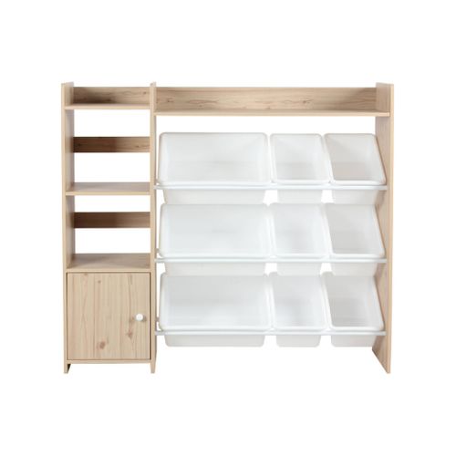 Meuble De Rangement Enfant. Naturel. 9 Bacs De Rangement. 4 Étagères. 1 Porte