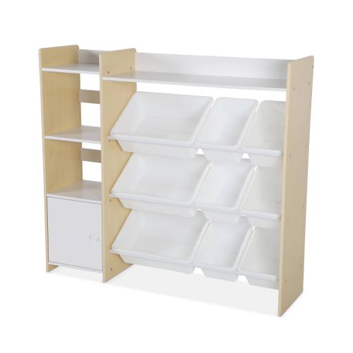 Meuble De Rangement Enfant. Naturel. 9 Bacs De Rangement. 4 Étagères. 1 Porte