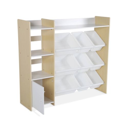 Meuble De Rangement Enfant. Naturel. 9 Bacs De Rangement. 4 Étagères. 1 Porte