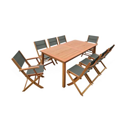 Table De Jardin Extensible Bois D'eucalyptus + 8 Assises En Bois D'eucalyptus Huilé Et Textilène
