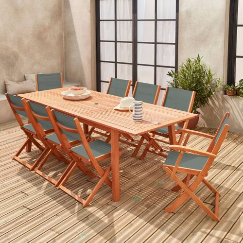 Table De Jardin Extensible Bois D'eucalyptus + 8 Assises En Bois D'eucalyptus Huilé Et Textilène