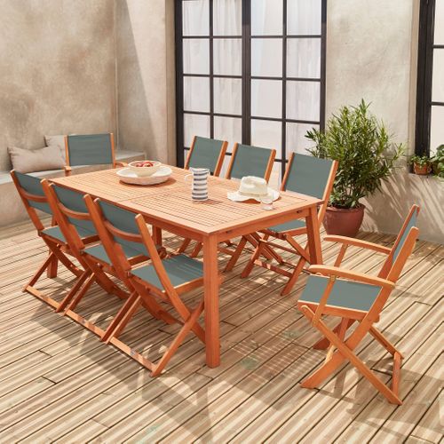 Table De Jardin Extensible Bois D'eucalyptus + 8 Assises En Bois D'eucalyptus Huilé Et Textilène