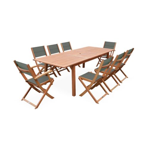 Table De Jardin Extensible Bois D'eucalyptus + 8 Assises En Bois D'eucalyptus Huilé Et Textilène