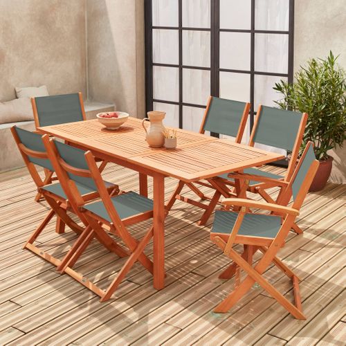 Table De Jardin Extensible Bois D'eucalyptus + 6 Assises - Almeria - Table 120/180cm Avec Rallonge.