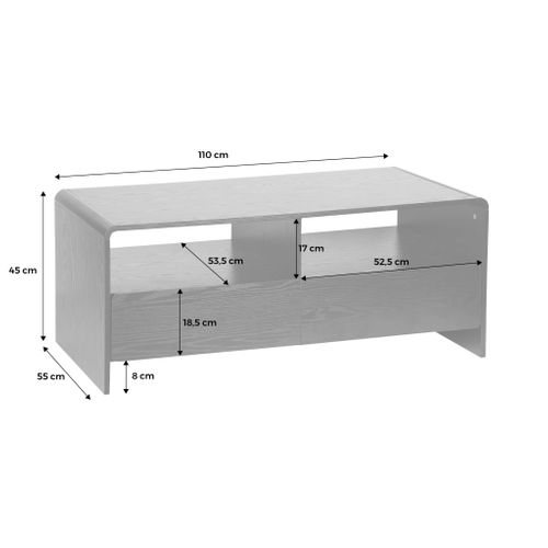 Meuble TV 2 Tiroirs 2 Étagères Effet Bois Noir Arrondi
