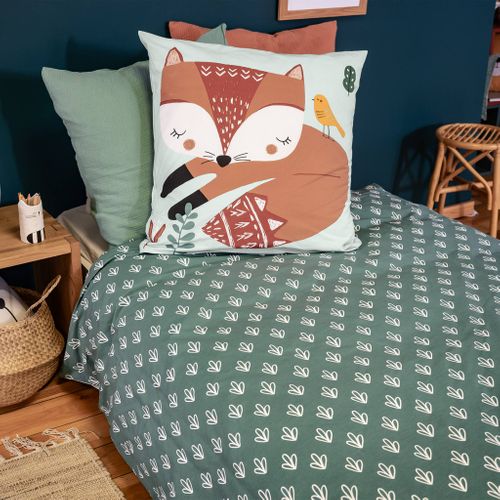 Parure De Lit Réversible 1 Place Imprimé Renard En Coton 140 X 200cm