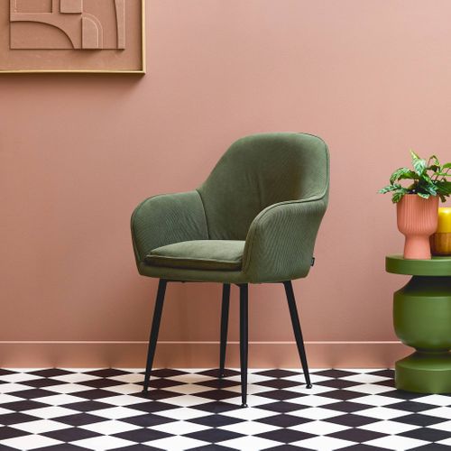 Fauteuil En Velours Côtelé Kaki Et Pieds En Métal Noir Mat. L 57 X P 59 X H 84.5