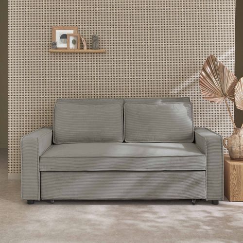 Canapé Convertible 3 Places Gris Clair Velours Côtelé. Banquette. Lit
