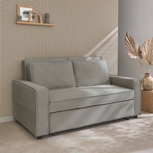 Canapé Convertible 3 Places Gris Clair Velours Côtelé. Banquette. Lit