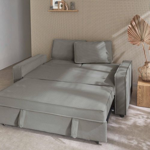 Canapé Convertible 3 Places Gris Clair Velours Côtelé. Banquette. Lit