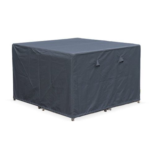 Table De Jardin Encastrable Résine Tressée + 8 Assises + Housse De Protection Coussins Gris Chiné.