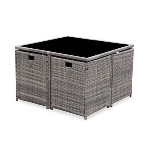 Table De Jardin Encastrable Résine Tressée + 8 Assises + Housse De Protection Coussins Gris Chiné.