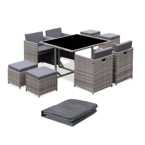 Table De Jardin Encastrable Résine Tressée + 8 Assises + Housse De Protection Coussins Gris Chiné.