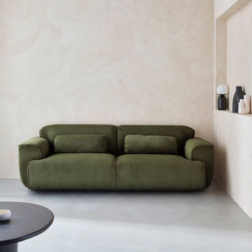 Canapé 3 Places. Tissu Velours Côtelé Vert. 2 Coussins Déhoussables. Wallas  L 230 X P 98 X H 73cm